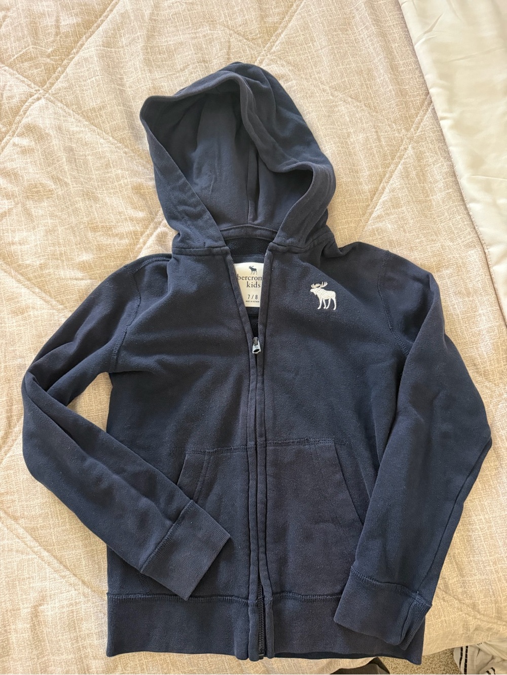 abercrombie kids navy zip hoodie with white moose logo